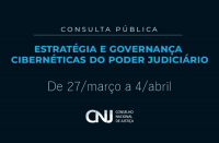 Imagem com fundo preto e a inscrição CONSULTA PÚBLICA ESTRATÉGIA E GOVERNANÇA CIBERNÉTICAS DO PODER JUDICIÁRIO  em azul e a marca do CNJ em branco.