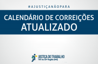 Imagem com fundo cinza, com faixa azul marinho onde estão escritas as palavras CALENDÁRIO DE CORREIÇÕES ATUALIZADO, na cor branca, e abaixo a logomarca da Justiça do Trabalho