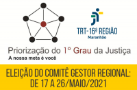 Imagem com fundo branco, e logomarca da Justiça do Trabalho, com informações sobre a eleição de membros do Comitê Gestor Regional de Priorização do 1º Grau da Justiça do Trabalho