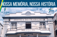Imagem com a fachada do prédio histórico da Justiça do Trabalho na praça Deodoro agregada à marca do TRT e à marca comemorativa dos 80 anos da Justiça do Trabalho