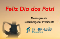 Imagem com fundo salmão em degradê, silhueta de pai com filho nos ombros e chamada para a mensagem do presidente, para o dia dos pais.
