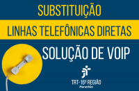 Imagem com fundo azul escuro, com linha horizontal e círculo na cor amarela, e com o texto SUBSTITUIÇÃO LINHAS TELEFÔNICAS DIRETAS - SOLUÇÃO DE VOIP