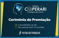 Imagem com fundo azul escuro, logo do evento, convite para a Cerimônia de Premiação, em letras brancas, e a marca da Justiça do Trabalho, também branca.