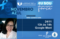 Imagem com fundo azul, foto da palestrante, imagem de um homem, símbolos da campanha Novembro Azul e informações sobre a palestra 
