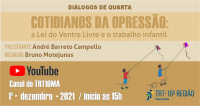 Imagem com marca do TRT e nome da palestra e crianças brincando de pipa