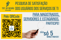 Imagem com fundos amarelo e branco, com imagem de mão segurando uma lupa, com QR Code, referente à pesquisa da CTIC para público interno