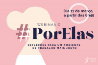 Arte do TST para a notícia do Webinário Por Elas, com fundo rosa e imagem feminina,  e informações gerais sobre o webinário que vai ser realizado no dia 11 de março, a partir das 8h45, com transmissão pelo canal do TST pelo YouTube