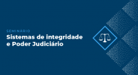 Imagem em fundo azul marinho e quadrados à direita em tons de azul, sendo um deles em azul claro com uma balança dentro e à esquerda se lê: Seminário na cor azul claro e Seminário de Integridade e Poder Judiciário na cor branca 