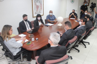 Foto da desembargadora Márcia Andrea, sentada à mesa de reunião no Gabinete da Presidência, vestindo blazer cinza, usando óculos, juntamente com representante do Ministério Público do Trabalho, representantes dos sindicatos e respectivos advogados, do Município de São Luís, e do assessor do gabinete da desembargadora