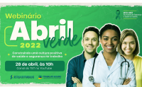 Arte do CSJT para o webinário Abril Verde 2022, com as informações sobre o evento, e com fotos de 2 mulheres e um homem, em destaque uma mulher negra usando um jaleco branco com estetoscópio sobre os ombros, e atrás dela um homem branco de cabelo preto liso, vestindo camisa azul, e a outra mulher branca, de cabelo liso louro com blusa amarela. Imagem também como as logos da Justiça do Trabalho e do Trabalho Seguro.