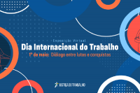 Imagem em fundo azul, com pontinhos brancos e circunferências brancas e em tons de azul e laranja, e o seguinte texto: Exposição Virtual (cor azul claro); Dia Internacional do Trabalho (cor branca); 1º de de maio: Diálogo entre lutas e conquistas (cor laranja). Abaixo, a logo da Justiça do Trabalho