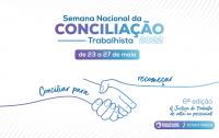 Arte do CSJT da 6ª Semana Nacional da Conciliação Trabalhista. Imagem com linhas fluidas que se encontram e formam um aperto de mãos, simbolizando a conciliação entre as partes processuais.