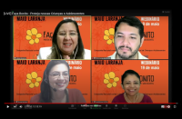 Imagem em mosaico das juízas mediadoras do debate e dos palestrantes tendo como fundo a logomarca da campanha Maio Laranja.