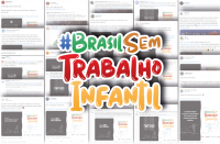 Fundo com mosaico formado por tweets publicados com a hashtag e o sticker do #BrasilSemTrabalhoInfantil