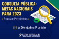 Arte em fundo azul e detalhe em verde e amarelo, com imagem de uma lupa sobre uma folha de papel branca com detalhes cinza e verde, um homem em tamanho pequeno e um círculo verde, além de um calendário e informações sobre a Consulta Pública: Metas Nacionais para 2023