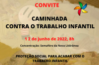 Imagem do convite da Caminhada Contra o Trabalho Infantil em fundo amarelo queimado com texto em preto, destaques em vermelho e símbolo catavento colorido  representando a mobilização mundial contra o trabalho infantil.