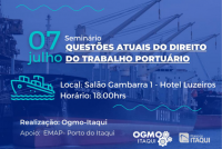 Imagem com fundo em tons de azul escuro, contendo foto de navio atracado no porto. Sobre ela, texto em azul ciano e branco com as informações do Seminário. À esquerda, desenho azul ciano de um navio navegando sobre ondas.