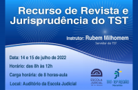 Imagem em tons de azul, simulando ondas de luz, com informações sobre o curso “Recursos de Revista e Jurisprudência do TST", que será realizado pela Escola nos dias 14 e 15 de julho. Abaixo, as logomarcas da Escola Judicial e do TRTl