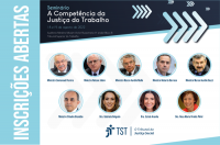 Imagem em fundo branco com ícones e detalhes em azul claro, tarja horizontal na cor azul marinho com informações sobre o Seminário “A Competência da Justiça do Trabalho”; mosaico dos palestrantes e tarja vertical na cor azul claro com o texto inscrições abertas.