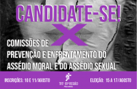 Foto de mulher com X sobre os lábios e texto candidate-se em lilás e nome da comissão de prevenção e de enfrentamento do assédio moral e assédio sexual.