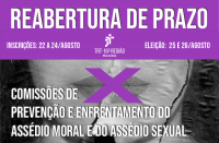 Foto de mulher com X sobre os lábios e texto candidate-se em lilás e nome da comissão de prevenção e de enfrentamento do assédio moral e assédio sexual.