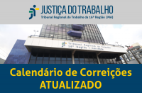 Fachada do prédio-sede do TRT-16 entre duas faixas. Na parte superior consta a logomarca da Justiça do Trabalho e inferior, o texto Calendário Institucional 2023 com fonte em amarelo sobre fundo azul.