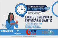 Imagem cpm fundo branco, com ilustração de uma mulher fazendo o teste de glicemia, acima um relógio em alusão à Campanha 24 horas pelo Diabetes, com informações das atividades.