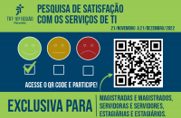 Arte da pesquisa com ilustração de carinhas com reações e QR Code, ao centro, e tarjas verdes no topo e na base, com textos azuis escuros relativos ao tema.