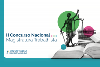 Arte do TST com fundo branco, borda azul, ilustração da deusa da justiça, livros em primeiro plano e informações sobre o II Concurso Nacional da Magistratura Trabalhista.