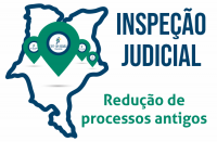 Desenho do mapa do Maranhão com contorno azul marinho e ícones de localização em verde com logomarca do TRT 16ª Região. À direita, texto Inspeção Judicial com letras maiúsculas na cor azul, seguido do texto Redução de processos antigos com letras minúsculas na cor verde.