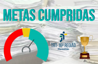 Sobreposição do texto Metas Cumpridas e dos ícones de relógio nas cores vermelho, amarelo, logomarca do Tribunal e taça dourada à imagem de processos físicos empilhados. 