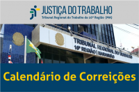 Fachada do prédio-sede do TRT16 com bandeiras hasteadas do Brasil, do Maranhão e do Tribunal. Abaixo, texto Calendário de Correições na cor amarela sobre faixa azul.