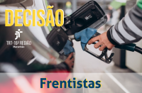 Detalhe de braço de frentista abastecendo tanque de combustível de veículo. Palavra decisão em letras maiúsculas na cor amarela e contorno branco. Abaixo como legenda em destaque na cor azul e contorno amarelo a palavra frentista.