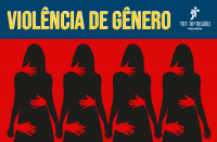 Composição de desenhos representando silhuetas de quatro mulheres, que estão lado a lado e de costas, na cor preta sobre fundo vermelho.  Todas de mãos dadas e sobre elas mãos representando toques não consentidos e abordagem agressiva.