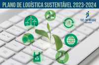 Detalhe de teclado de computador com sobreposição de ícones de sustentabilidade em círculo, tendo ao centro broto de planta. Tarja superior com fundo azul e texto Plano de Logística Sustentável 2023-2024.