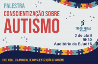 Imagem com fundo cinza claro, contendo textos relacionados à palestra e elementos coloridos alusivos ao autismo.