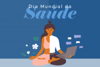 Imagem de fundo azul com ilustração de mulher segurando um notebook. No topo, o texto DIA MUNDIA DA SAÚDE.