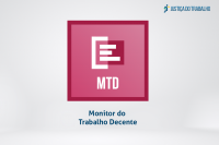 Imagem de fundo na cor branca com um quadrado centralizado na cor rosa. Dentro do quadrado, as iniciais "MTD" na cor branca. Em baixo da figura, está escrito "MONITOR DO TRABALHO DECENTE" na cor azul. Ao lado superior direito da imagem, logomarca da Justiça do Trabalho. 