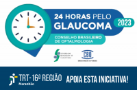 Fundo na cor branca. À frente, imagem ilustrando um relógio na cor verde com texto de apoio à campanha 24 HORAS PELO GLAUCOMA, na cor branca. Abaixo, tarja com a logotipo do TRT-16 e texto de apoio à iniciativa da campanha.