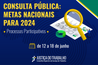 Arte em fundo azul e detalhe em verde e amarelo, com imagem de uma lupa sobre uma folha de papel branca com detalhes cinza e verde, um homem em tamanho pequeno e um círculo verde, além de um calendário e informações sobre a Consulta Pública: Metas Nacionais para 2024