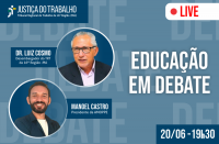 Imagem com fundo azul com informações sobre a live "Educação em Debate", onde se vê as fotos do desembargador Luiz Cosmo e do presidente da AMOPPE, Manoel Castro. No canto superior esquerdo, logomarca do TRT na cor branca.