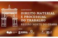Imagem com fundo colorido (tons de amarelo e vermelho), simulando palco e plateia, com textos sobre o Seminário de Direito Material e Processual do Trabalho.