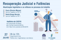 Arte com fundo azul claro, com a ilustração de um homem em pé, mão esquerda na cabeça e pontos de interrogação ao redor da cabeça, próximo a gráficos, olhando para várias moedas. Texto com informações sobre o curso Recuperação Judicial e Falências. Atualização legislativa e os reflexos no processo do trabalho. Abaixo, à direita, logomarcas da Ejud e do TRT-16.