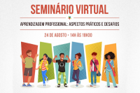 Arte CSJT: imagem com fundo em cor clara, com ilustrações de jovens, representando a diversidade. Além de texto sobre o Seminário Virtual “Aprendizagem profissional: aspectos práticos e desafios”.