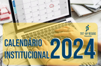 Foto de um notebook aberto sobre uma mesa, mostrando um calendário na tela e mãos de uma mulher claro digitando. Sobre as mãos da mulher, vê-se tarja amarela transparente com a inscrição CALENDÁRIO INSTITUCIONAL 2024 na cor azul. Na tarja também a logomarca colorida do TRT-16.