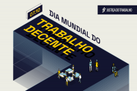 ilustração de um caminho, com pessoas montando peças de quebra-cabeça, segurando engrenagem, apertando as mãos e texto: 7 de outubro - Dia Mundial do Trabalho Decente. Produtividade, qualidade, liberdade, igualdade, segurança e dignidade humana.