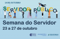 Arte com fundo azul claro. No lado superior esquerdo, textos em tons de azul escuro escrito 28 DE OUTUBRO. Abaixo, palavras SERVIDOR PÚBLICO em cores sequenciais de verde, amarelo e azul em cada letra, com desenhos de bonecos representando diversas classes de servidores, organizando as letras coloridas. Abaixo, texto escrito SEMANA DO SERVIDOR 23 A 27  DE OUTUBRO na cor azul escuro. No lado inferior direito, logomarcas da EJUD16, ANAJUSTRA e da JT-MA.