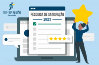 Arte com fundo azul claro, com ilustrações de uma tela de computador em destaque um formulário de pesquisa de satisfação. Fixada no formulário uma faixa com 5 estrelas, sendo 4 anmarelas e a quinta estrelas no tamanho maior está nas mãos de uma jovem. Na imagem consta ainda balões de falas e no canto superior esquerdo logomarca do tribunal.