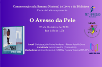 Imagem com fundo em tons de lilás, com a ilustração da capa de um livro no canto inferior esquerdo e textos sobre o Encontro Literário. No lado direito, na vertical, as logomarcas do TRT-16, da UFMA e do Gepllem.