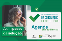 Imagem com fundo verde, onde se vê à esquerda uma mulher falando ao telefone, e logo abaixo a frase: "A um passo da solução". Na parte central da imagem, uma faixa na cor branca com as informações sobre a Semana Nacional da Conciliação. No rodapé, as logomarcas do TRT-16, Poder Judiciário e do CNJ.